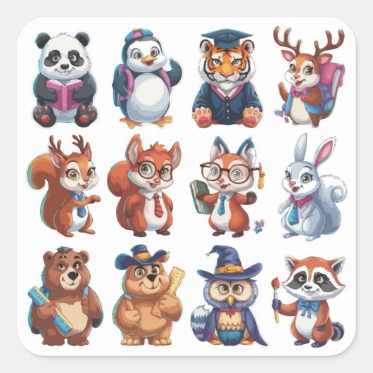 12匹の新学期かわいい動物 スクエアシール (正面)