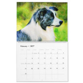 12匹の月のボーダーコリーの牧羊犬の水彩画の芸術 カレンダー (2月 2027)
