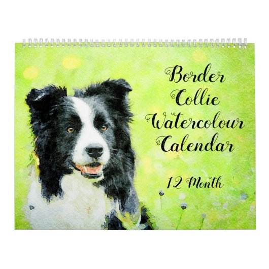 12匹の月のボーダーコリーの牧羊犬の水彩画の芸術 カレンダー (カバー)