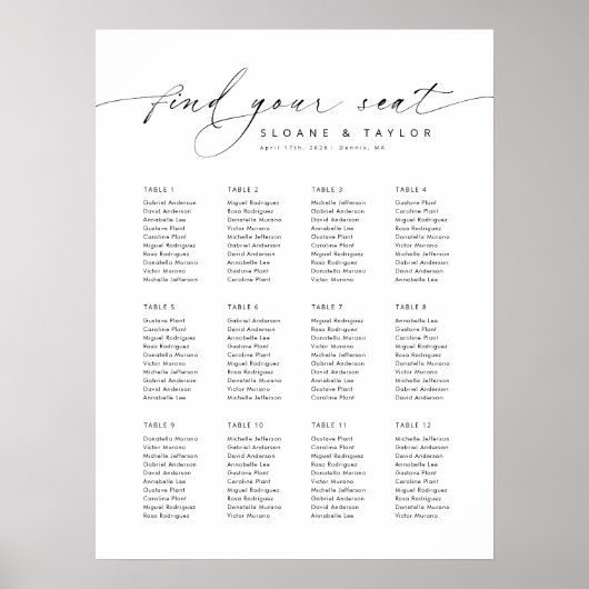12台のエレガントテーブルで座席表を見つける ポスター (正面)