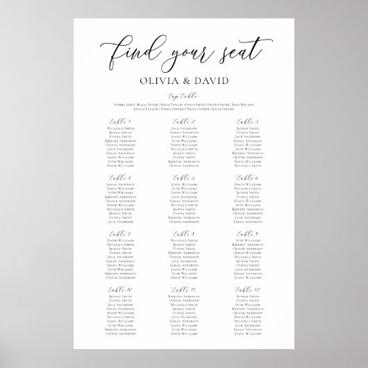 12台のエレガントテーブルで座席表を見つける ポスター (正面)