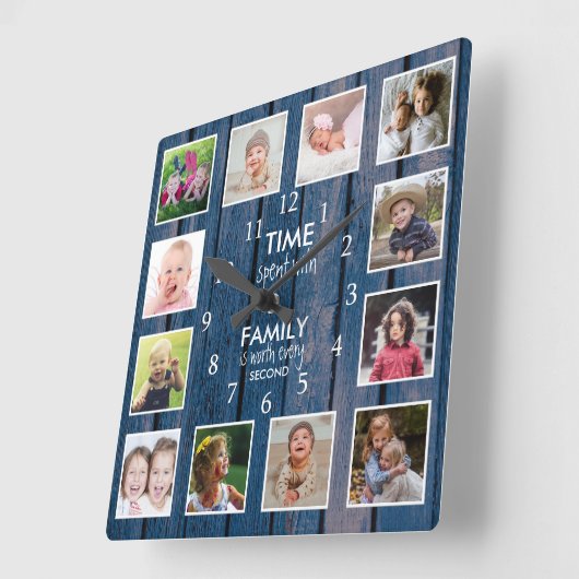 12家族と過ごした写真の時間引用文ブルーウッド スクエア壁時計 (傾斜)