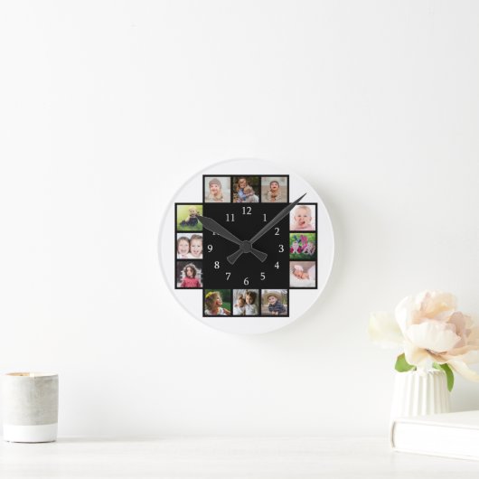 12家族の写真コラージュ自分の黒を作成 ラウンド壁時計 (ホーム)