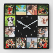 12家族パーソナライズされた写真コラージブラック スクエア壁時計 (正面)