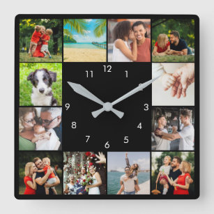 12家族パーソナライズされた写真コラージブラック スクエア壁時計