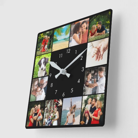 12家族パーソナライズされた写真コラージブラック スクエア壁時計 (傾斜)