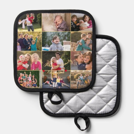 12家族パーソナライズされた写真コラージュ金ゴールドモノグラム 鍋敷き (正面/裏面)