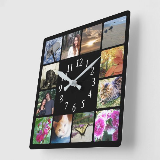 12家族数々の写真コラージュ四角モダン黒 スクエア壁時計 (傾斜)