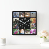 12家族数々の写真コラージュ四角モダン黒 スクエア壁時計 (ホーム)