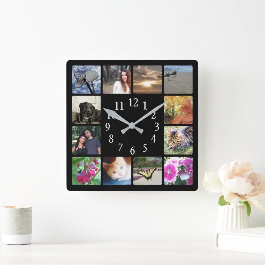 12家族数々の写真コラージュ四角モダン黒 スクエア壁時計 (ホーム)