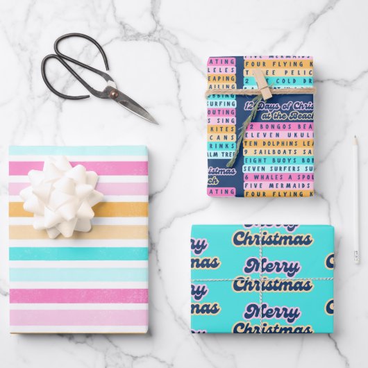 12日のクリスマスでビーチのレトロクリスマス ラッピングペーパーシート (正面)