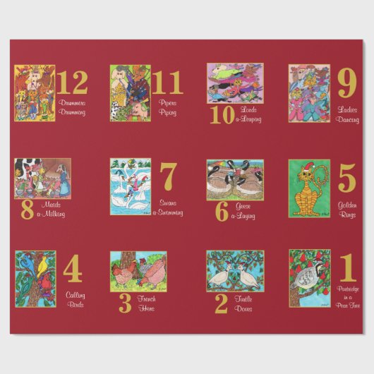 12日のクリスマスのかわいい動物及びタイポグラフィ ラッピングペーパー (フラット)