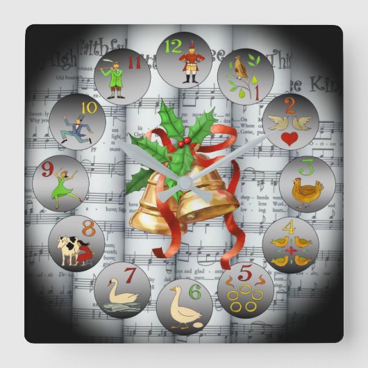 12日のクリスマスの~Sheet Music~Christmas Bells~ スクエア壁時計 (正面)