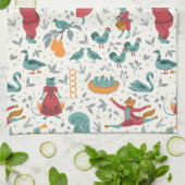 12日のクリスマスフォークアートアニマルブルー キッチンタオル (折り畳み)