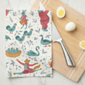 12日のクリスマスフォークアートアニマルブルー キッチンタオル (四つ折り)