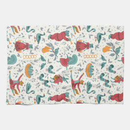 12日のクリスマスフォークアートアニマルブルー キッチンタオル