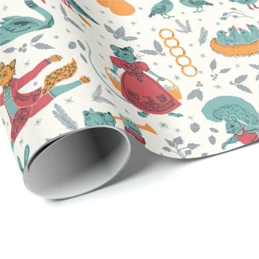 12日のクリスマスフォークアート動物ブルー ラッピングペーパー (ロールコーナー)