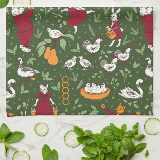 12日のクリスマスフォーク芸術動物 キッチンタオル (折り畳み)