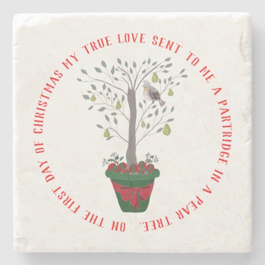 12日のナシ木のクリスマスのヤマウズラ ストーンコースター (正面)