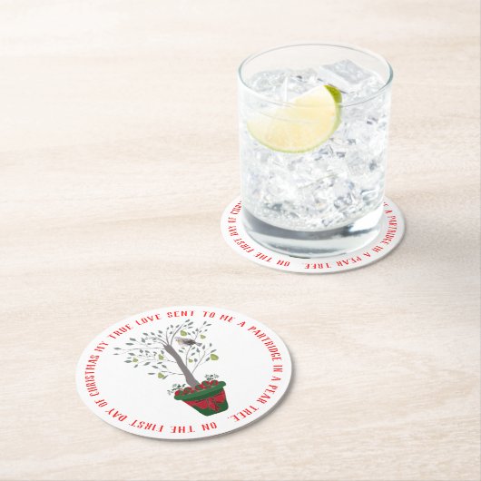 12日のナシ木のクリスマスのヤマウズラ ラウンドペーパーコースター (インサイチュ)