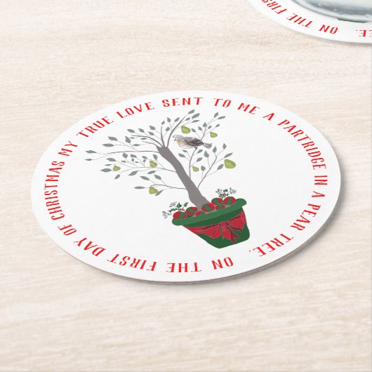 12日のナシ木のクリスマスのヤマウズラ ラウンドペーパーコースター (アングル)