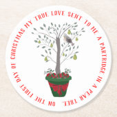 12日のナシ木のクリスマスのヤマウズラ ラウンドペーパーコースター (正面)