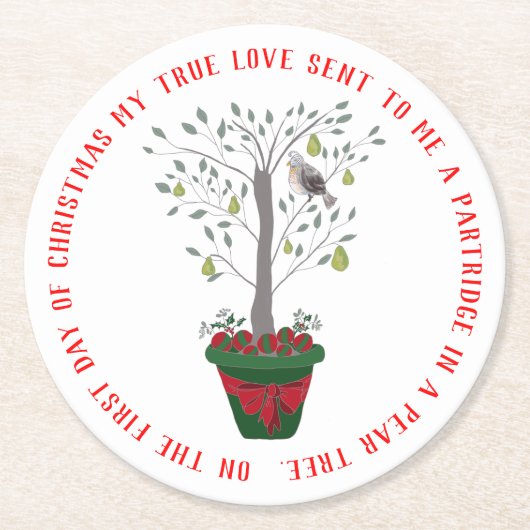 12日のナシ木のクリスマスのヤマウズラ ラウンドペーパーコースター (正面)