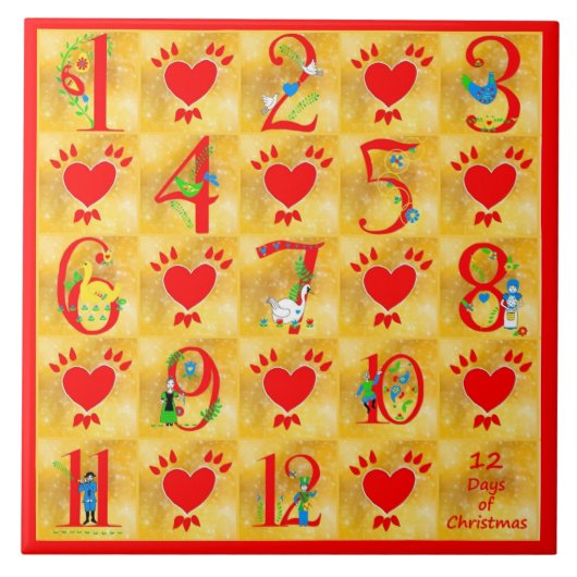 12日の金ゴールドのハートとのクリスマスの民芸 タイル (正面)