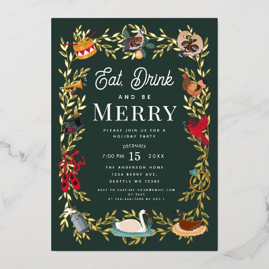 12日間のクリスマス ホリデーパーティー招待状 箔招待状 (正面)