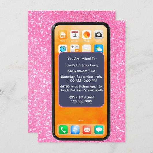12日15日16日18日21番目の携帯電話誕生日 招待状 (正面/裏面)