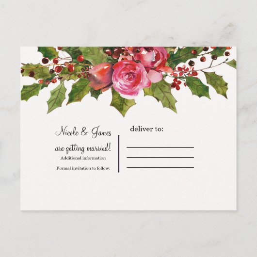 12月の冬の結婚式ホリーフローラ日付を保存 案内ポストカード (裏面)