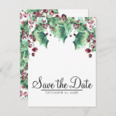 12月の冬の結婚式ホリーベリー日付を保存 案内ポストカード (正面/裏面)