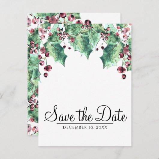 12月の冬の結婚式ホリーベリー日付を保存 案内ポストカード (正面/裏面)