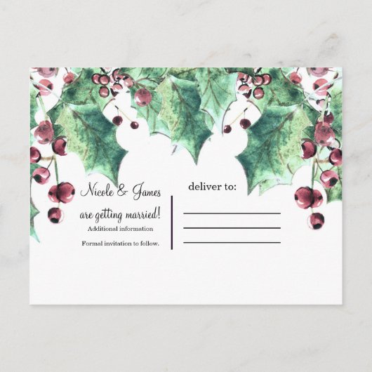 12月の冬の結婚式ホリーベリー日付を保存 案内ポストカード (裏面)