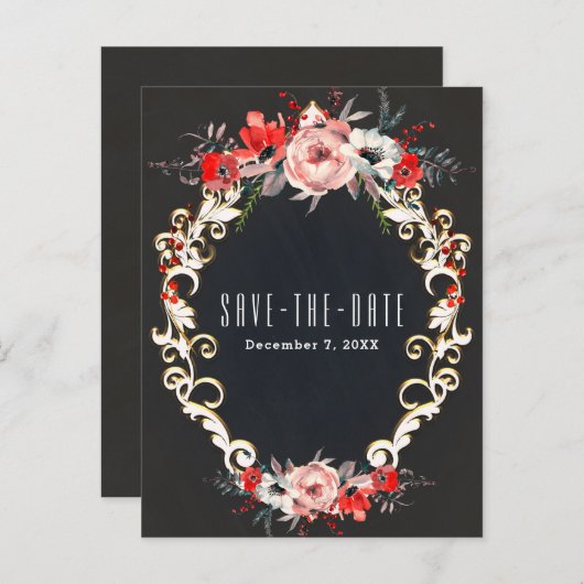 12月の冬の結婚式ホリーベリー日付を保存 案内ポストカード (正面/裏面)