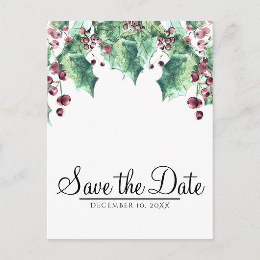 12月の冬の結婚式 ホーリーベリー Save the Date 案内ポストカード (正面)