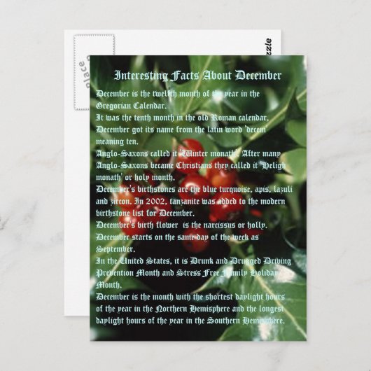 12月の興味深い事実 ポストカード (正面/裏面)