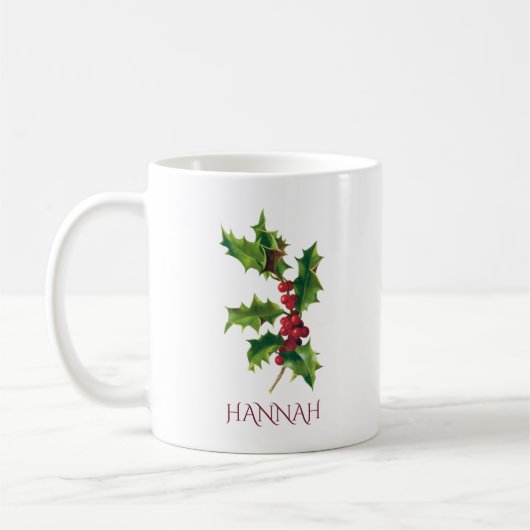 12月の誕生月の花 赤と緑のホーリー コーヒーマグカップ (左)