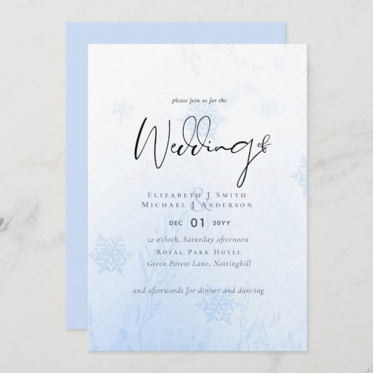 12月の雪の結晶ウィンターウェディングバジェット 招待状 (正面/裏面)