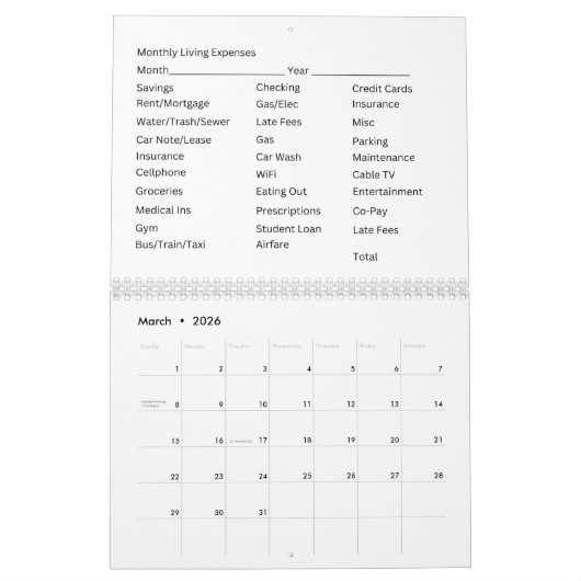 12月次カレンダー生活費シート カレンダー (3月 2026)