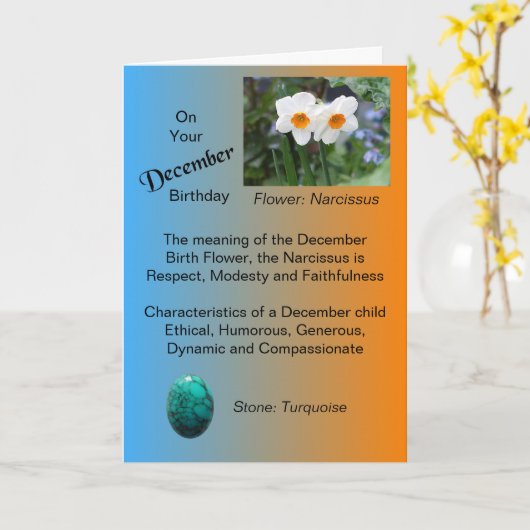 12月誕生日カード – 水仙とターコイズ カード (黄色い花)