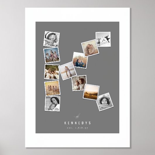 12枚のスナップ写真コラージュ 家族の名前 モノグラム K 箔ポスター (正面)