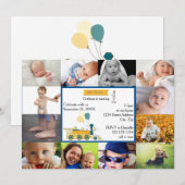 12枚の写真の誕生日列車 青 - 誕生日招待状 招待状 (正面/裏面)