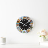 12枚の写真をコラージュ 黒白 家族と友達 ラウンド壁時計 (ホーム)