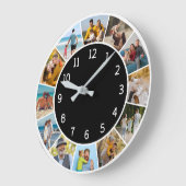 12枚の写真をコラージュ 黒白 家族と友達 ラージ壁時計 (傾斜)