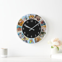 12枚の写真をコラージュ 黒白 家族と友達 ラージ壁時計