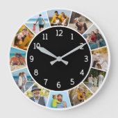 12枚の写真をコラージュ 黒白 家族と友達 ラージ壁時計 (正面)