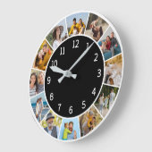 12枚の写真をコラージュ 黒白 家族と友達 ラージ壁時計 (傾斜)
