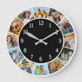12枚の写真をコラージュ 黒白 家族と友達 ラージ壁時計 (正面)
