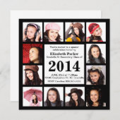 12枚の写真を飾ったモダンな黒の卒業証書デザイン 招待状 (正面/裏面)